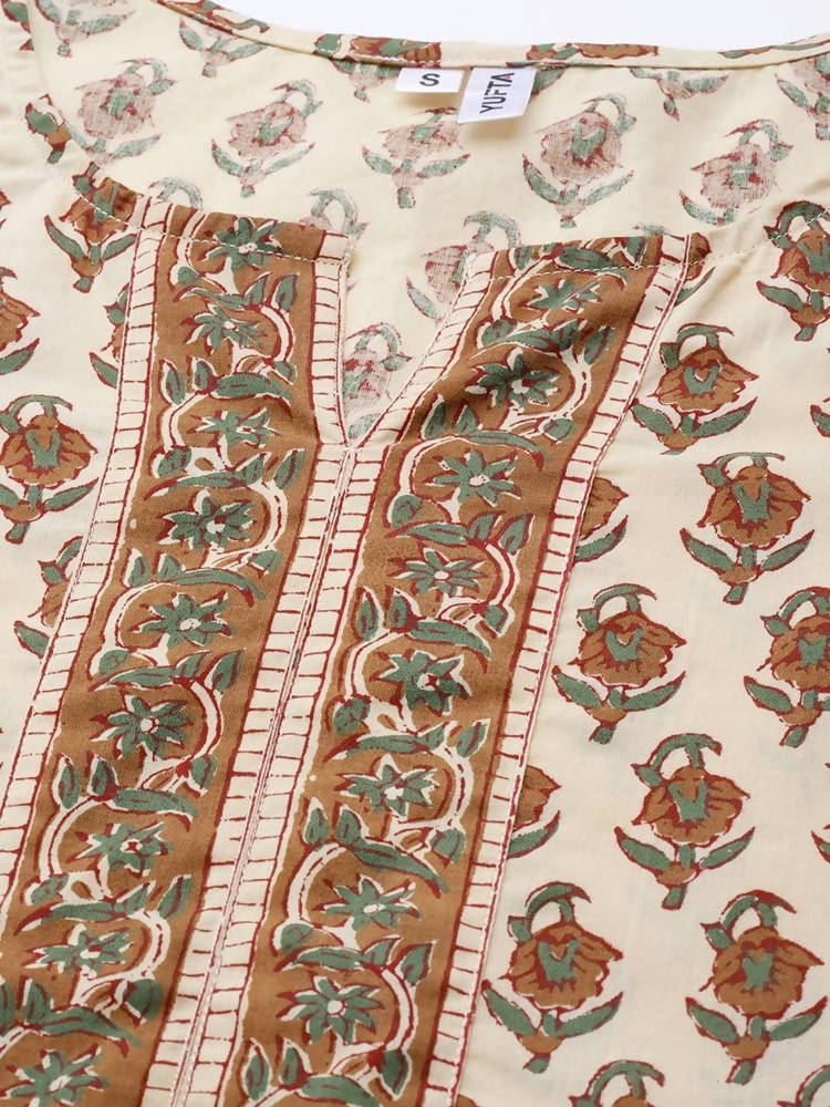 Yufta Women Beige Ethnic Motifs Printed Pure Cotton Kurta with Trouser & Dupatta | Grocsy