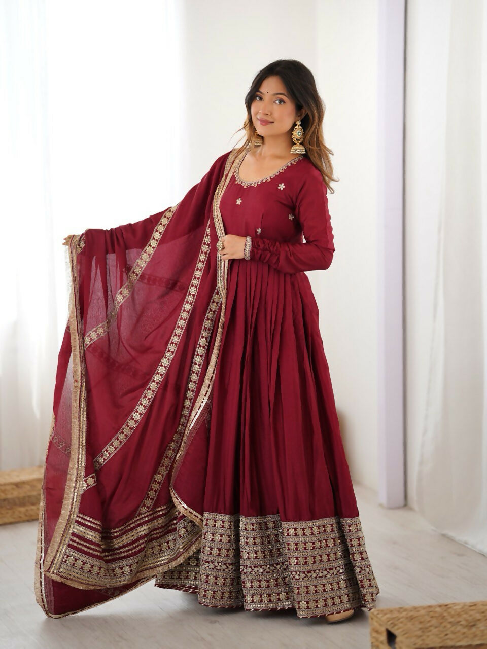 The52 Women's Gorgeous Chinon Silk Fabric Embroidery Work Flared Anarkali Pant and Dupatta Set | Grocsy