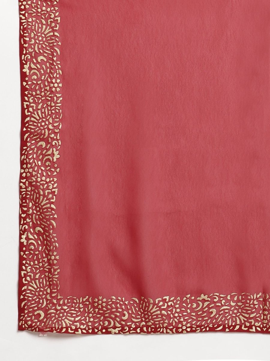 Ahalyaa Women's Maroon Georgette Gold Foil Print Flared Kurta With Dupatta | Grocsy