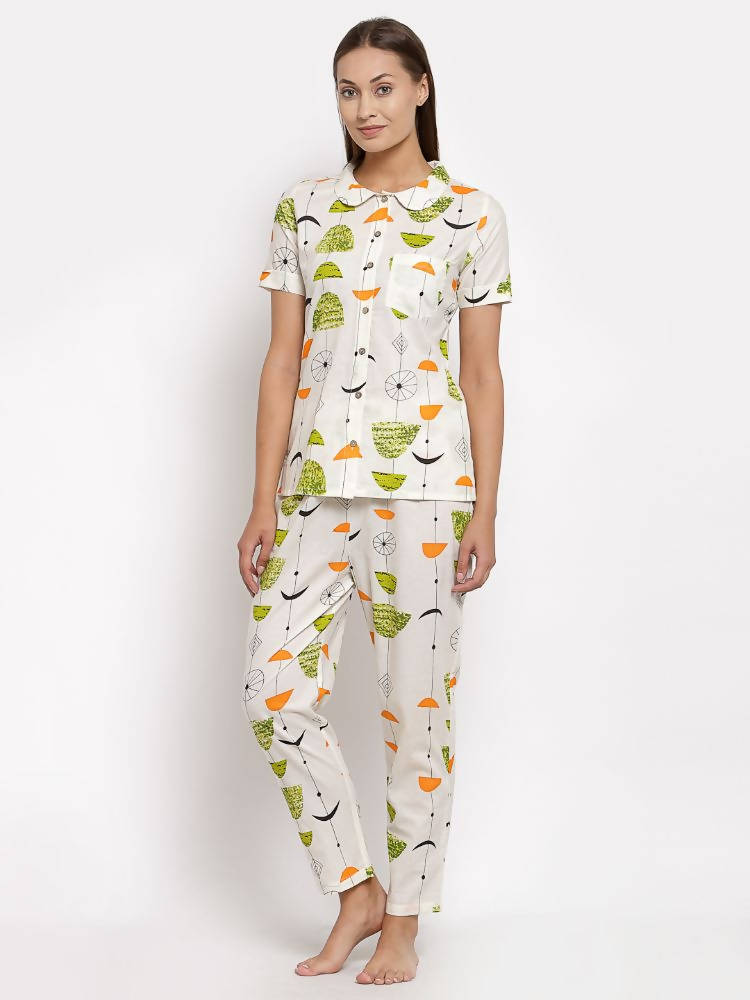 Myshka Women's Multi Cotton Printed Half Sleeve Collar Neck Casual Night suit | Grocsy