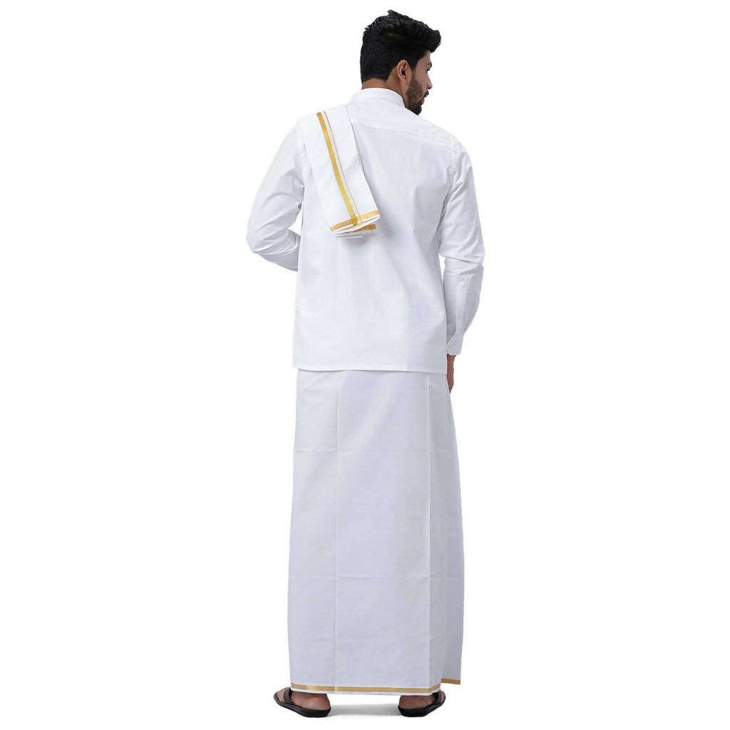 Ramraj Cotton Mens Wedding Set White Regular Dhoti, Shirt & Towel | Grocsy
