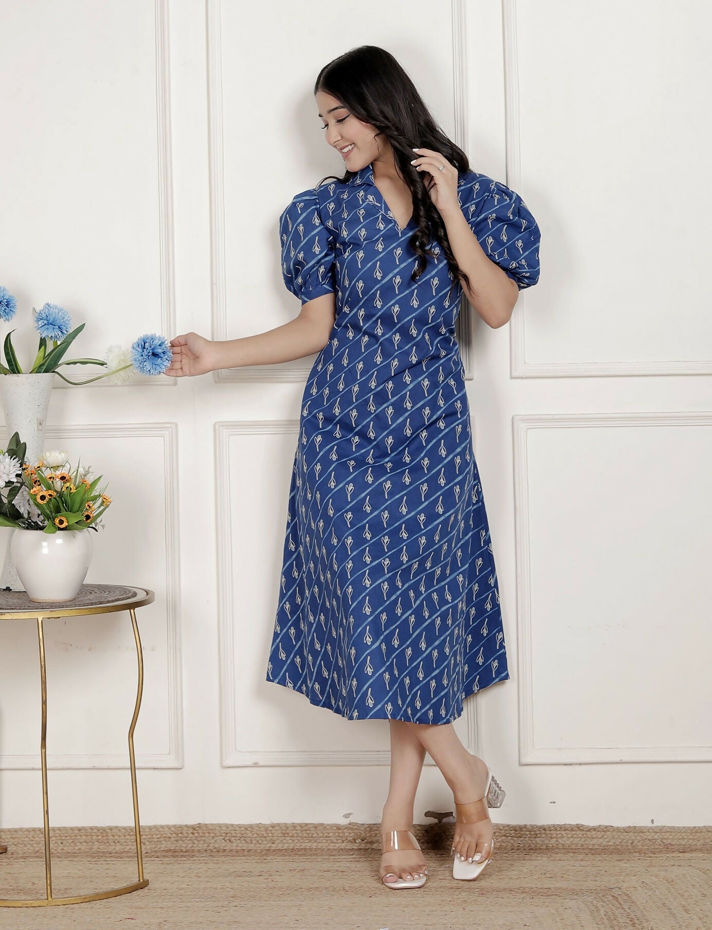 Miravan Womens Floral Print Blue Collar-Neck Puff Sleeves A-Line Maxi Dress | Grocsy