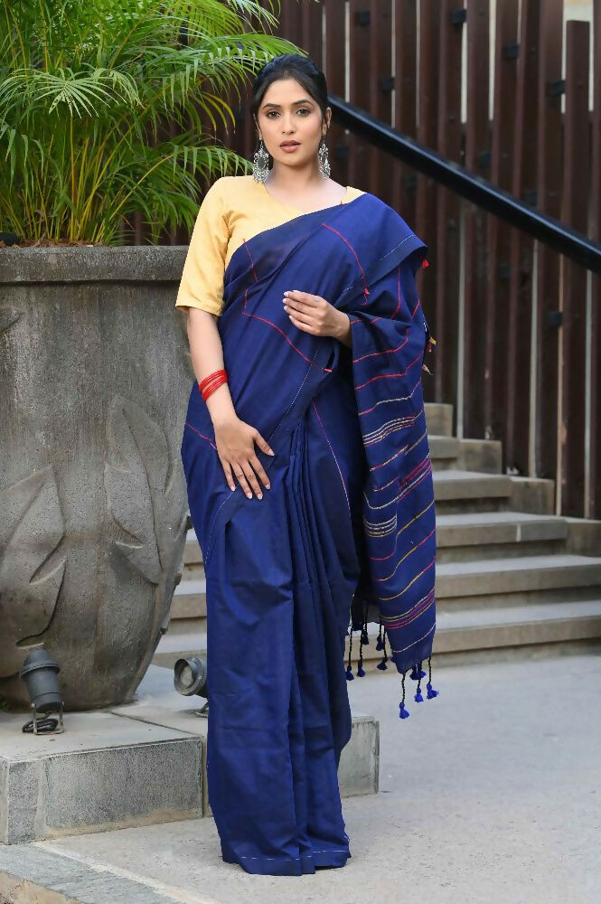 Beatitude Blue Khadi Ghicha Stripes Saree | Grocsy
