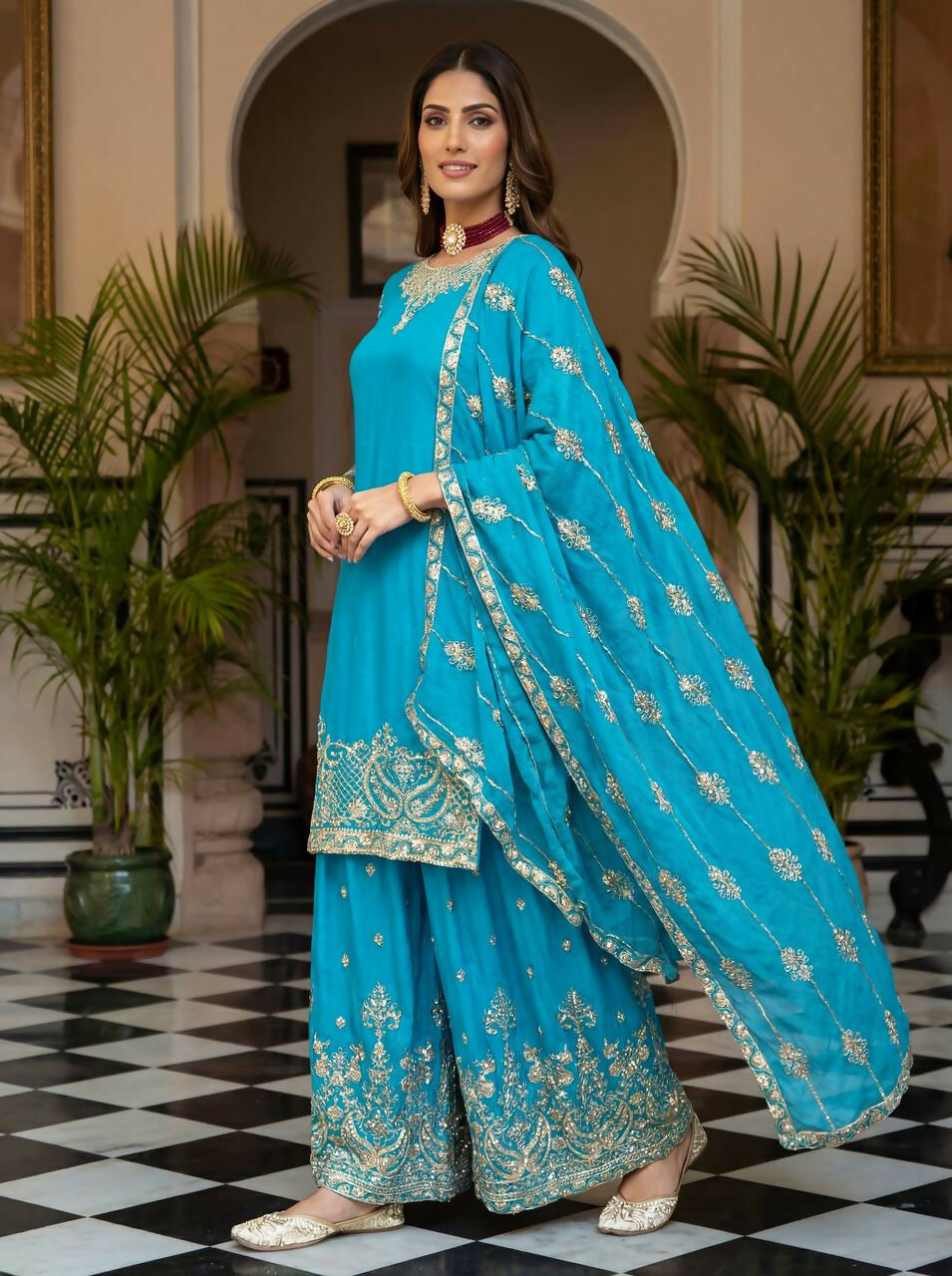 Joban Fashion Sky Silk Embroidered Sharara Set | Grocsy