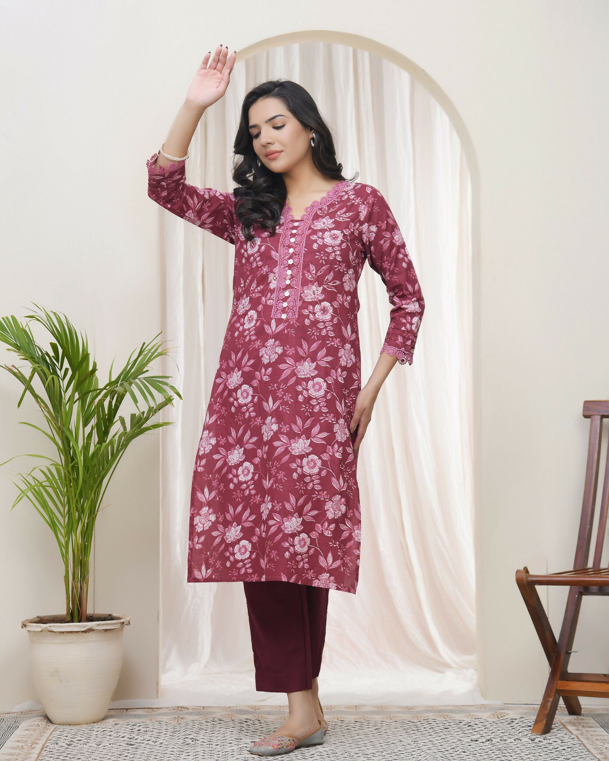 Vaasva Women Magenta Cotton Printed Straight Kurti With Pant | Grocsy