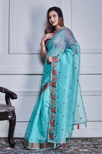 Morchari Green Supernet Cross Stitched Embroidery Saree Unstitched Blouse | Grocsy