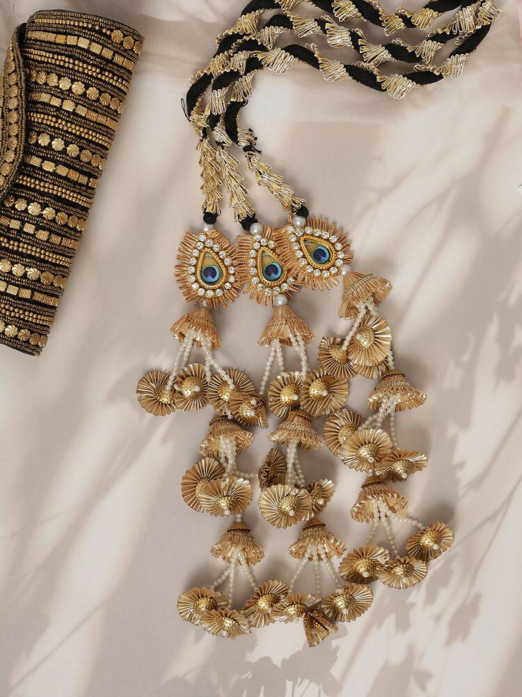 Ruby Raang Gold Gota Pati Work And Black Thread And Mirrors With Gold Stones And Mor Pankh Motif | Grocsy