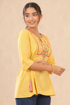 Juniper Women Yellow Cotton Dobby Embroidered A-Line Tunic | Grocsy