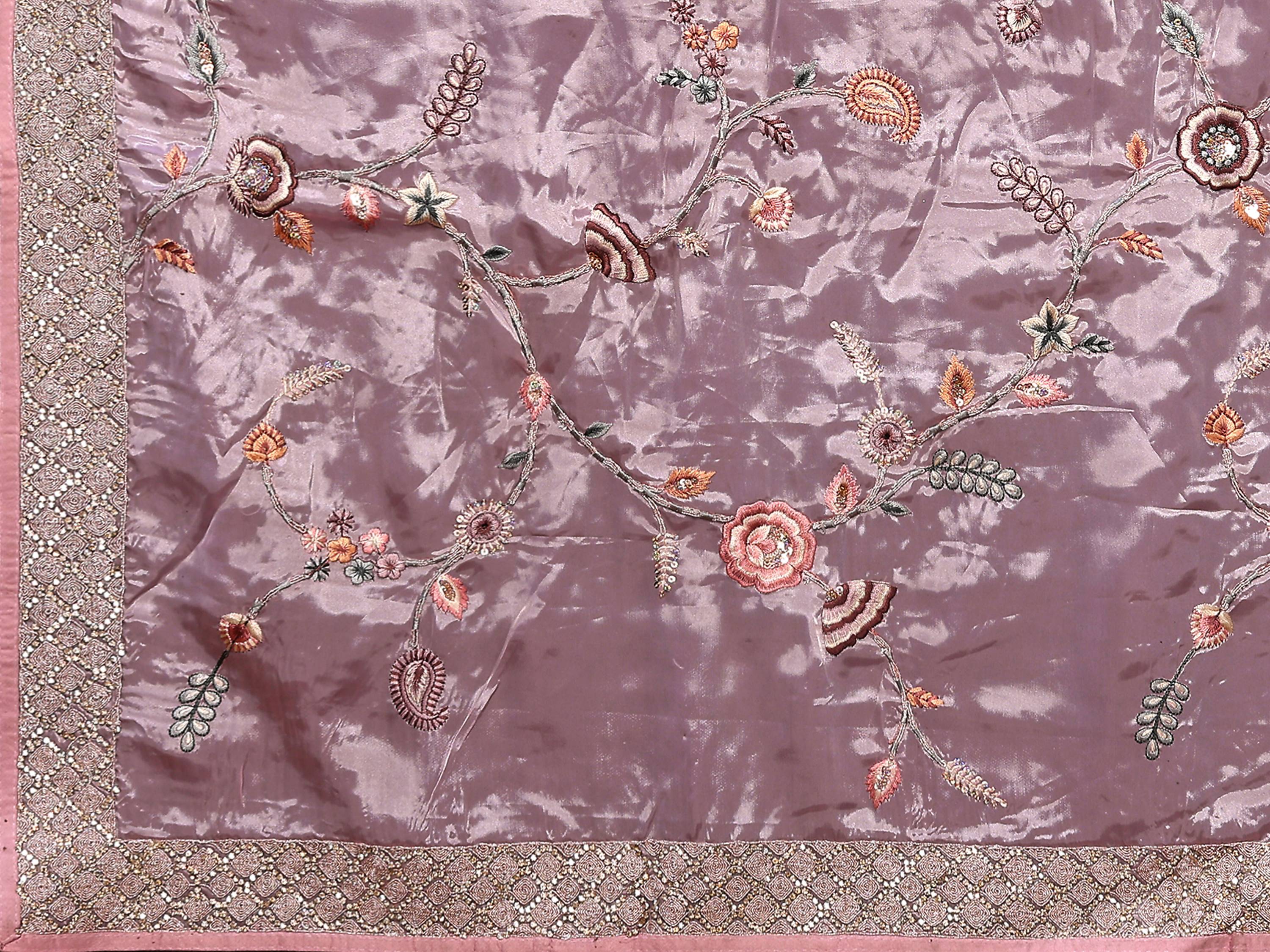 Pink Satin Silk Embroidered Saree With Stitched Blouse - Nimaya Kaksha | Grocsy