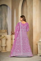 Jyoti Fashion Women's Purple Net Embroidered Anarkali Kurta Pant Set With Dupatta | Grocsy