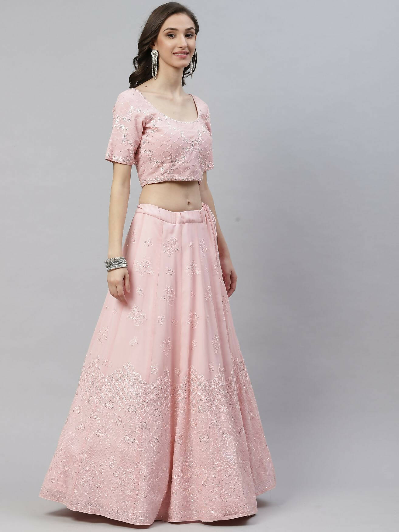 Pink Georgette Thread with Sequins Embroidered work Lehenga Choli with Dupatta - Jivika | Grocsy