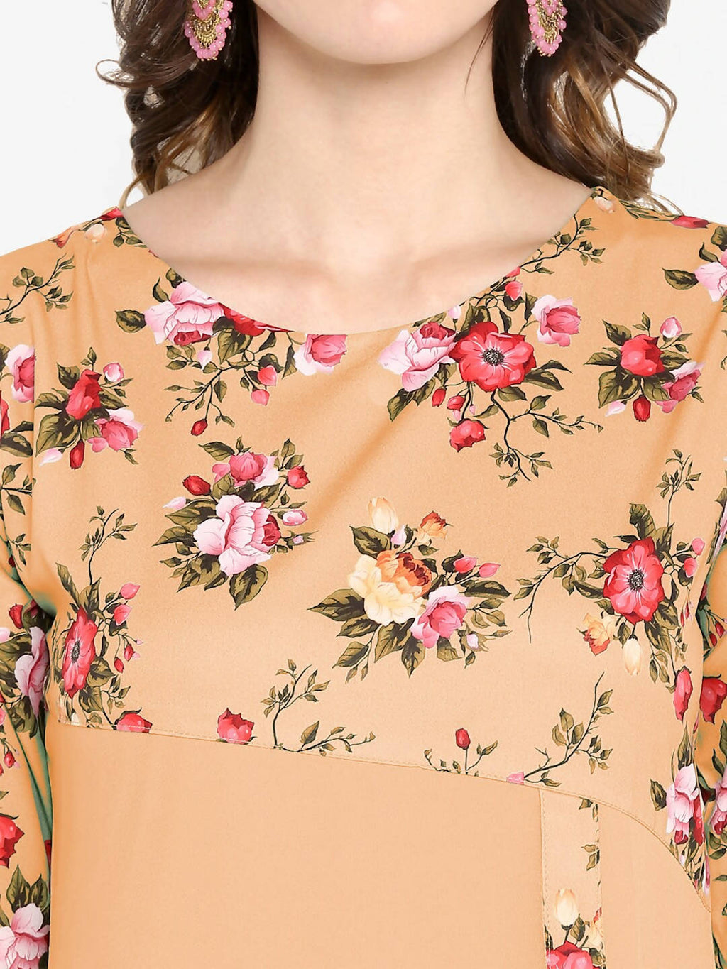 Janasya Women Peach-Coloured & Green Floral Printed Bell Sleeves Kurta | Grocsy
