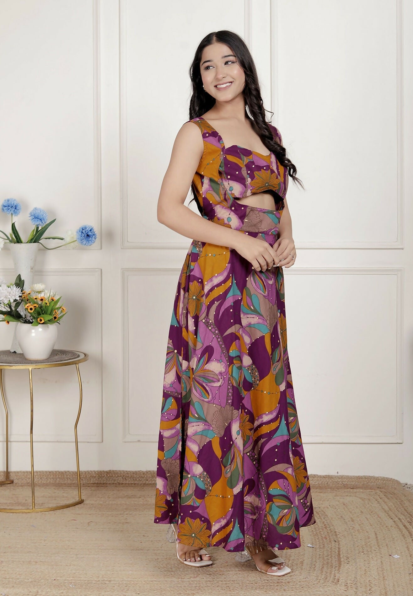 Miravan Womens Purple Pure Cotton Floral Printed Sleeveless Cut Out Western Dress | Grocsy