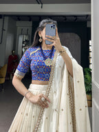 Lorenvalley Fashion White Vichitra Silk Sequins and Thread Embroidery Work Lehenga Choli with Dupatta | Grocsy
