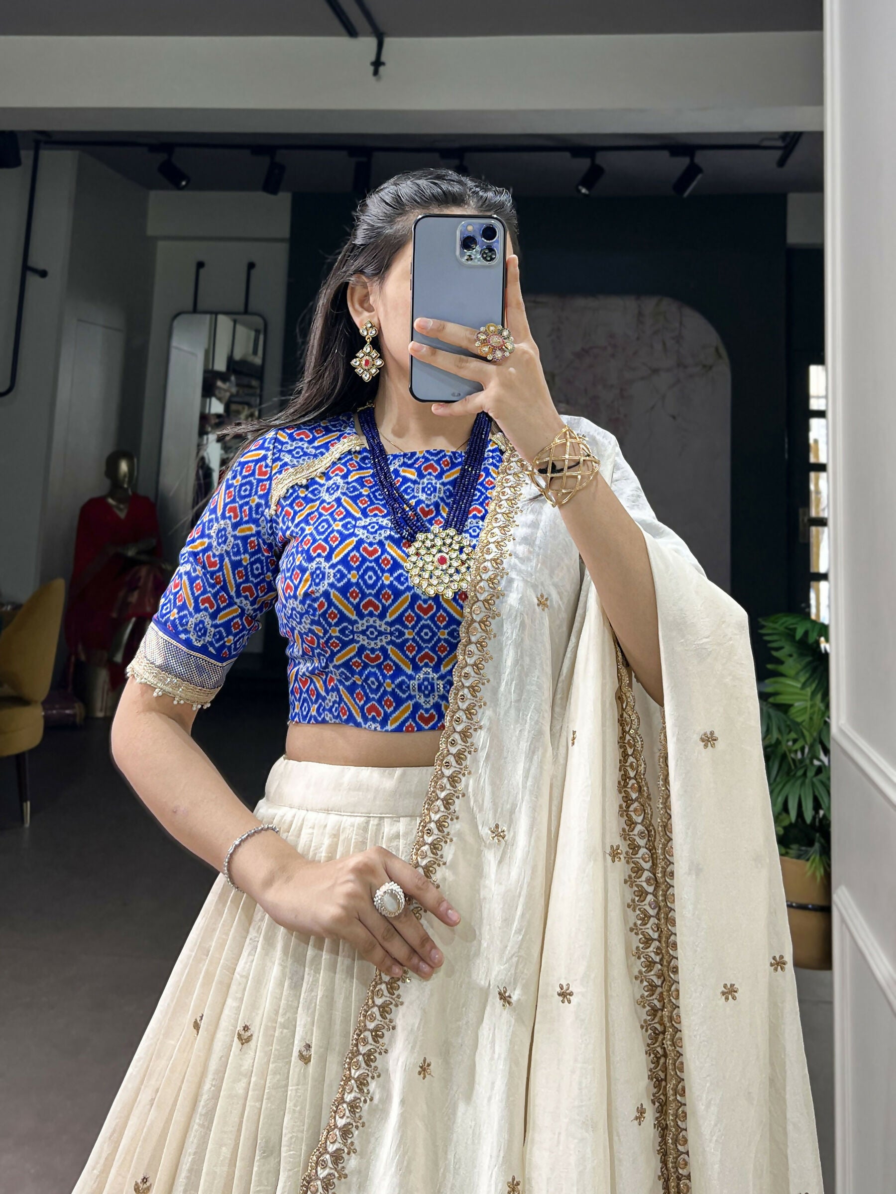 Lorenvalley Fashion White Vichitra Silk Sequins and Thread Embroidery Work Lehenga Choli with Dupatta | Grocsy