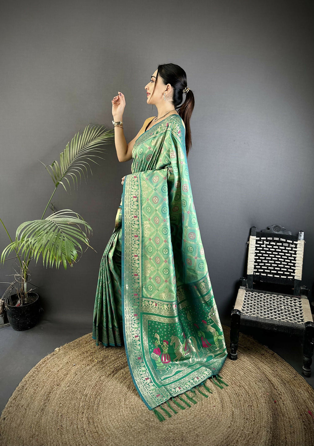 Joban Fashion Aqua Green Geometric Pattern Soft Silk Patola Saree | Grocsy