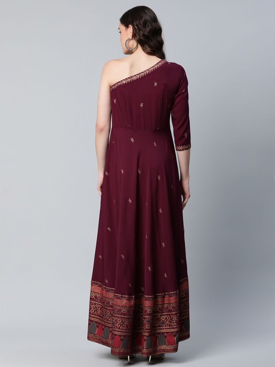 Ahalyaa Women Burgundy & Gold-Toned Ethnic Motifs One Shoulder Ethnic Maxi Dress | Grocsy