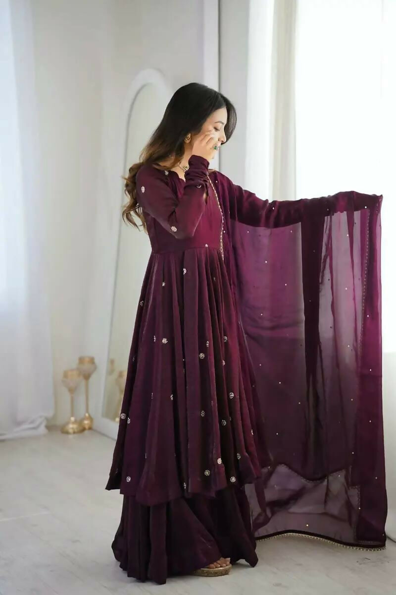 Teeya Creation Violet Crunchy Silk Embroidery Work Designer Suit | Grocsy