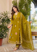 Jaimini Women Cotton Printed V-Neck 3/4 Sleeves Calf Length Flared Kurta Pant And Dupatta Set | Grocsy