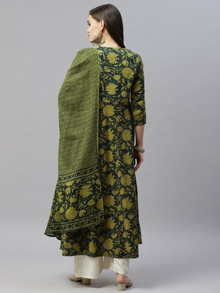 Miravan Women's Pure Cotton Printed Anarkali Kurta With Gold Print Dupattas | Grocsy