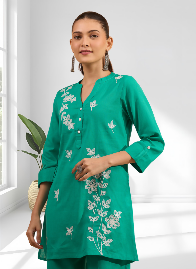 Joban Fashion Sea Green Cotton, Linen Embroidered Readymade Cord Set | Grocsy