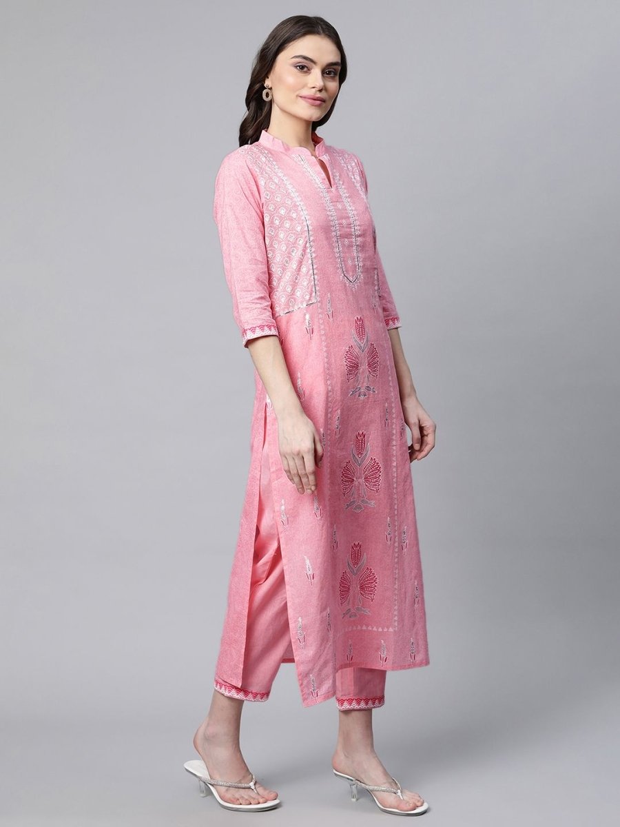 Ahalyaa Women Light Pink Colour Pure Cotton Printed Kurta Pant Set With Dupatta | Grocsy