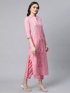 Ahalyaa Women Light Pink Colour Pure Cotton Printed Kurta Pant Set With Dupatta | Grocsy