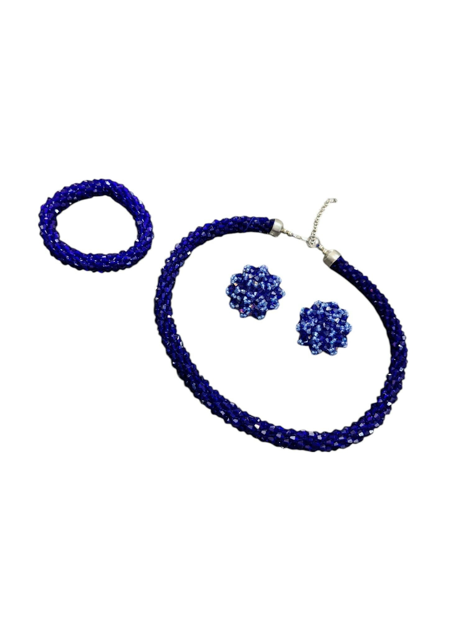 Inhanns Complete Look Crystal Statement 3-Piece Set (Adjustable Necklace + Earrings + Adjustable Bangle ) - Blue | Grocsy