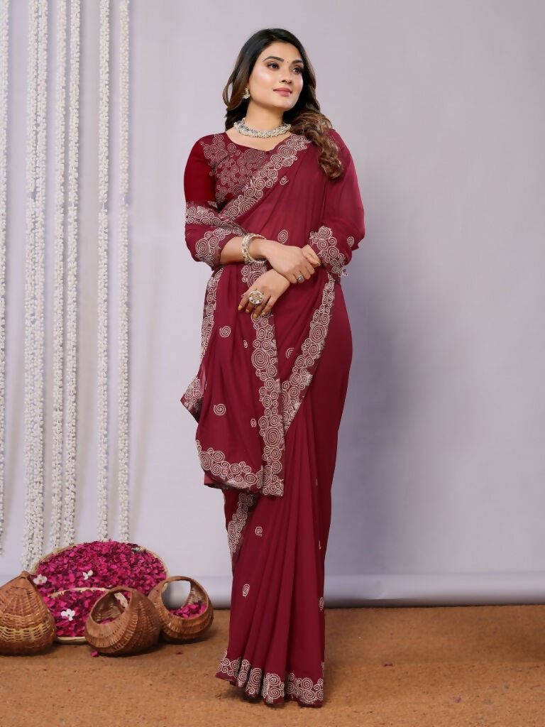 Maroon Silk Georgette Cord Embroidery Saree - Norita Saumya | Grocsy