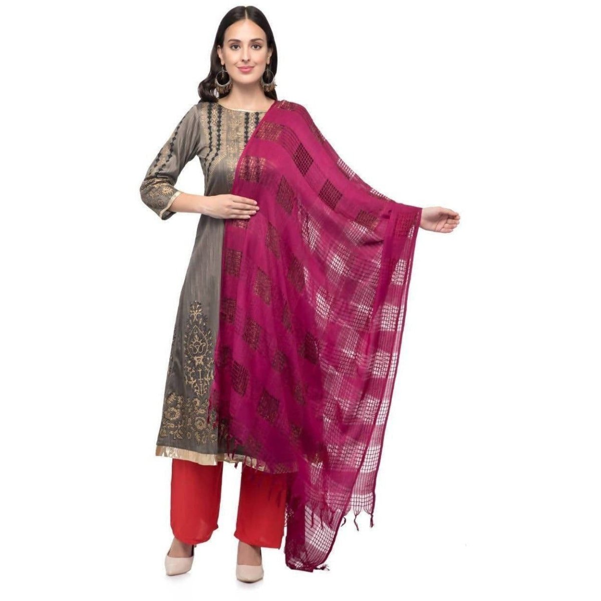 A R Silk Women's Cotton Window Check Purple Regular Dupatta | Grocsy