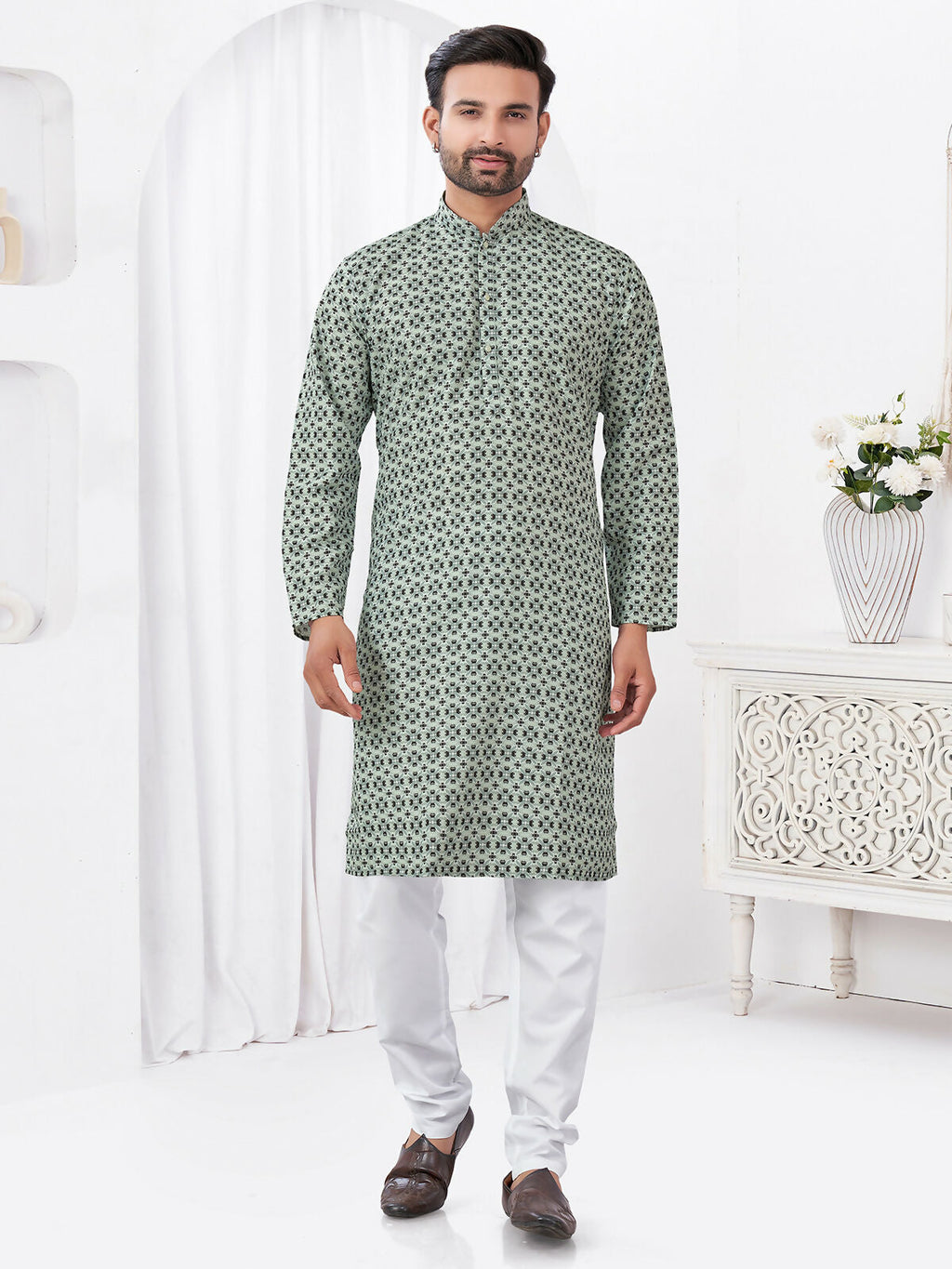 Joban Fashion Men's Rayon Cotton Grey Printed Kurta Pyjama set | Grocsy