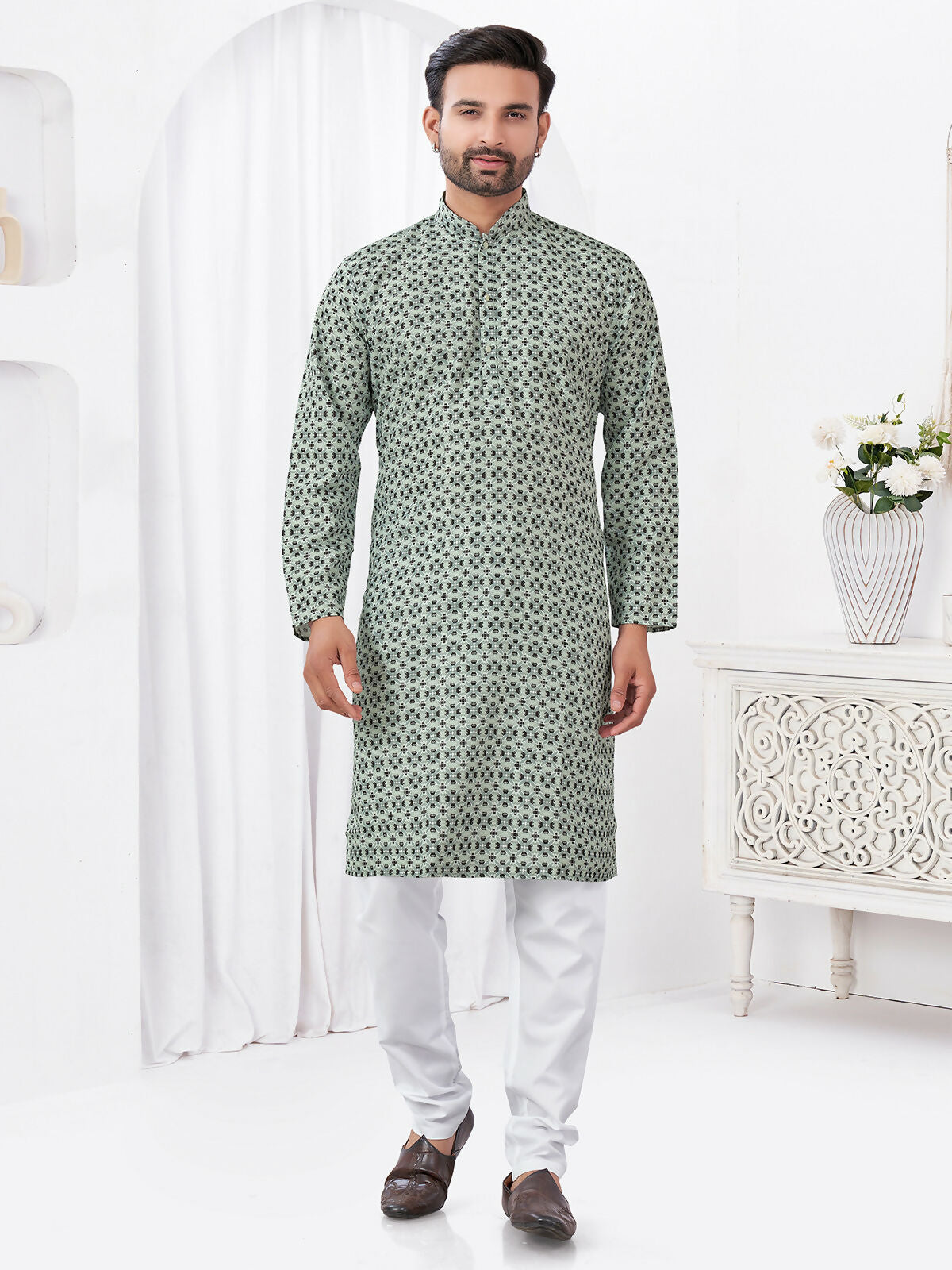 Joban Fashion Men's Rayon Cotton Grey Printed Kurta Pyjama set | Grocsy