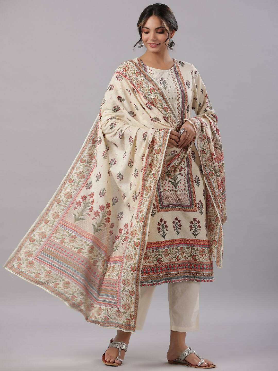 Juniper Women's Beige Cambric Floral Placement Printed Straight Fit Kurta Sets | Grocsy