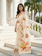 Aastha Fashion Cream Premium Russian Silk Designer Floral Position Print Saree | Grocsy