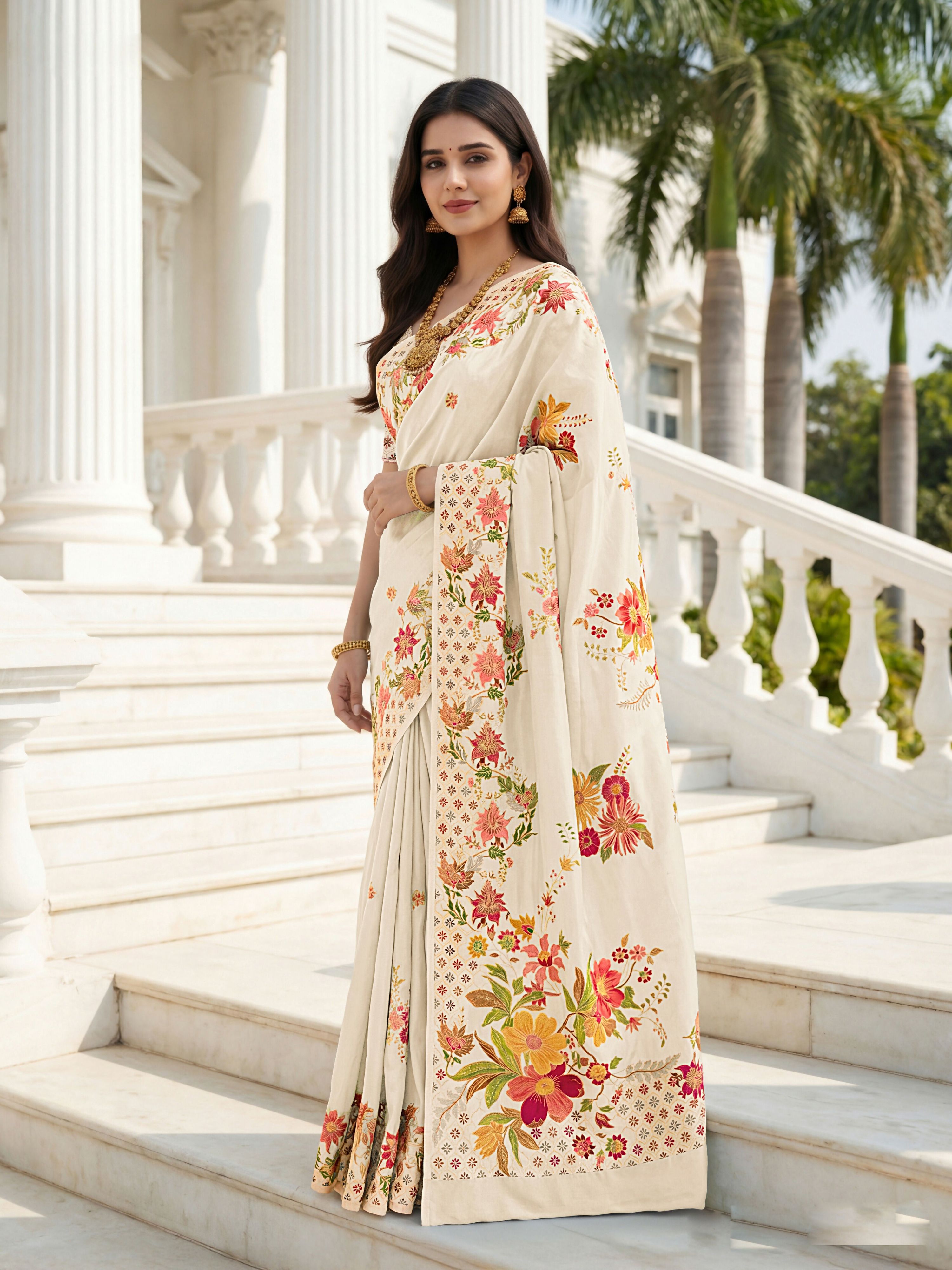 Aastha Fashion Cream Premium Russian Silk Designer Floral Position Print Saree | Grocsy