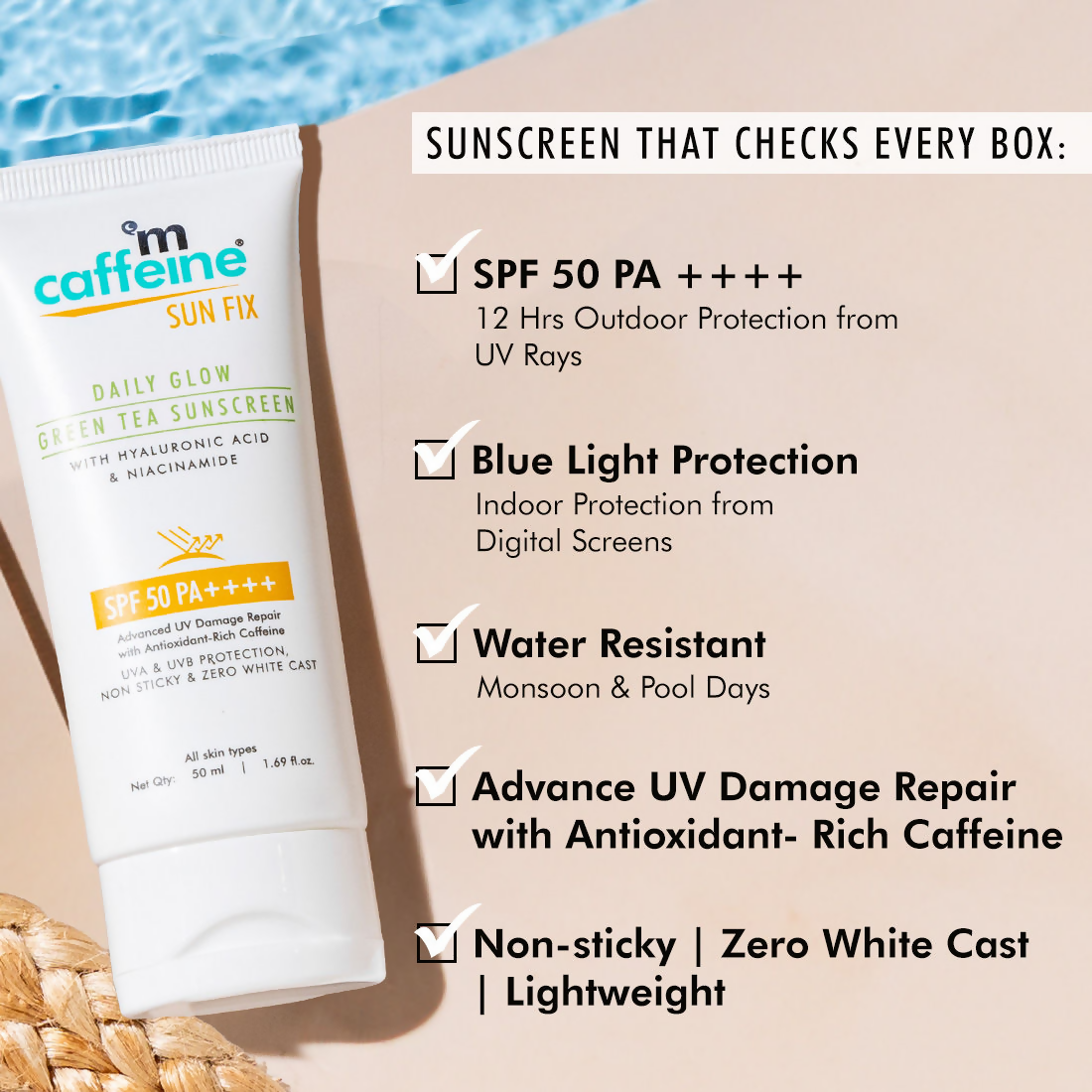 mCaffeine Daily Glow Sunscreen SPF50 PA++++ With Niacinamide & Green Tea | Grocsy