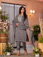 Juniper Women's Dark Grey Zari Embroidered Viscose Kurta Pant And Dupatta Set | Grocsy