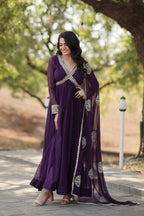 Vastranavya Faux Blooming with Embroidery Zari Sequins-work Gown with Dupatta - Purple | Grocsy