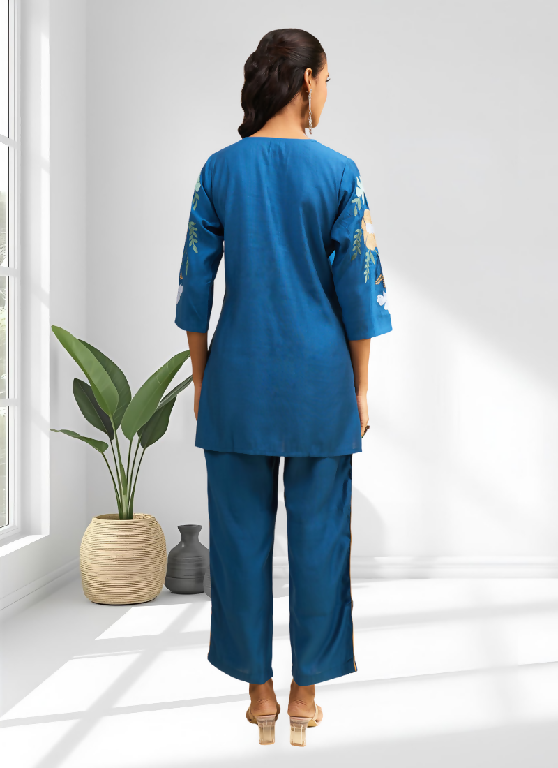 Joban Fashion Teal Silk Embroidered Readymade Cord Set | Grocsy