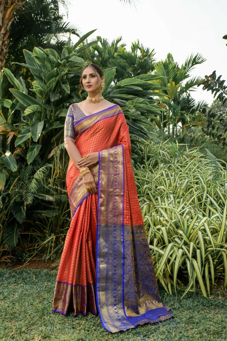 Jyoti Fashion Women's Orange Kanjivaram Silk Zari Woven Saree with Blouse | Grocsy