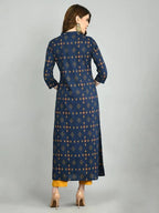 Myshka Women Navy Blue Cotton Printed Shrug, Top And Pant Set | Grocsy