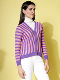 Women Violet Acrylic Stripe Cardigan - Wool Trees | Grocsy