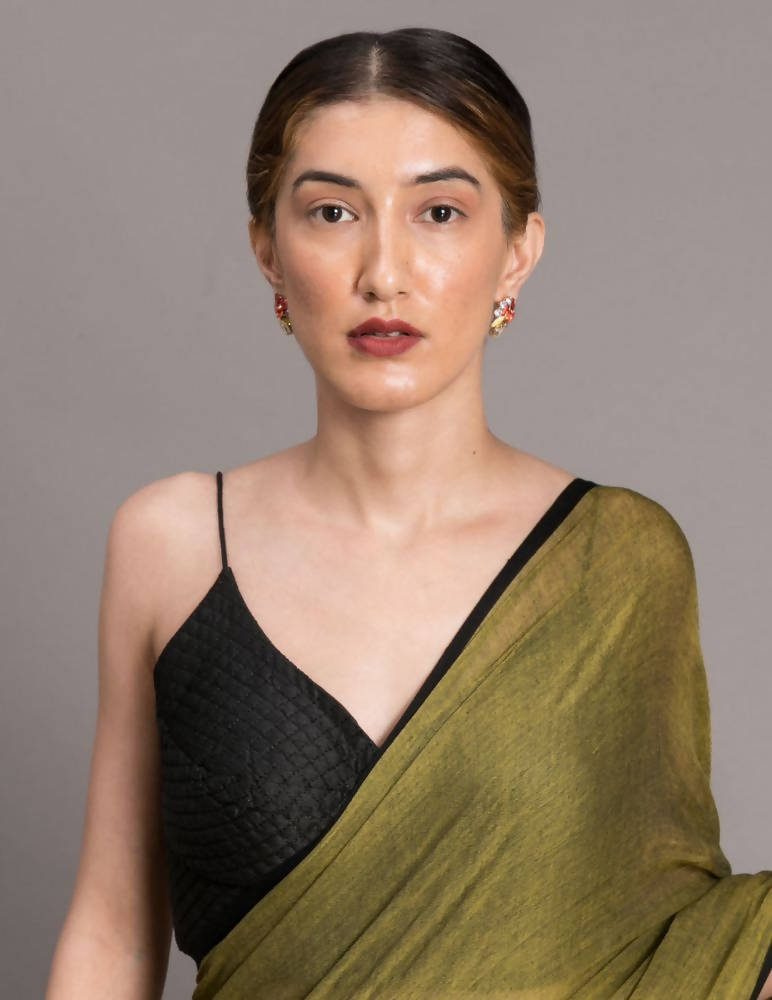 Suta Olive Green Black Solid Pure Cotton Saree | Grocsy
