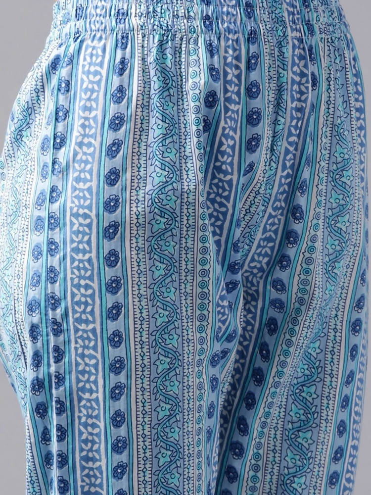 Yufta Women White & Blue Ethnic Hand Block Print Pure Cotton Kurta with Trouser & Dupatta | Grocsy