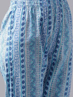 Yufta Women White & Blue Ethnic Hand Block Print Pure Cotton Kurta with Trouser & Dupatta | Grocsy