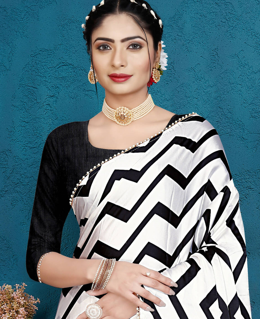 Black Japan Satin Stripe Printed Saree With Unstitched Blouse Piece - Laavanya | Grocsy