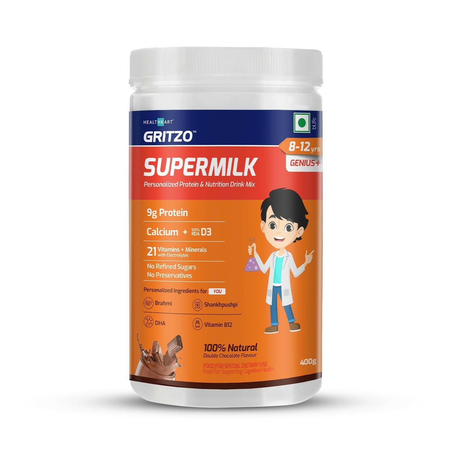 Gritzo SuperMilk Genius+ Health Drink for 7-12 Yr Boys - Double Chocolate | Grocsy