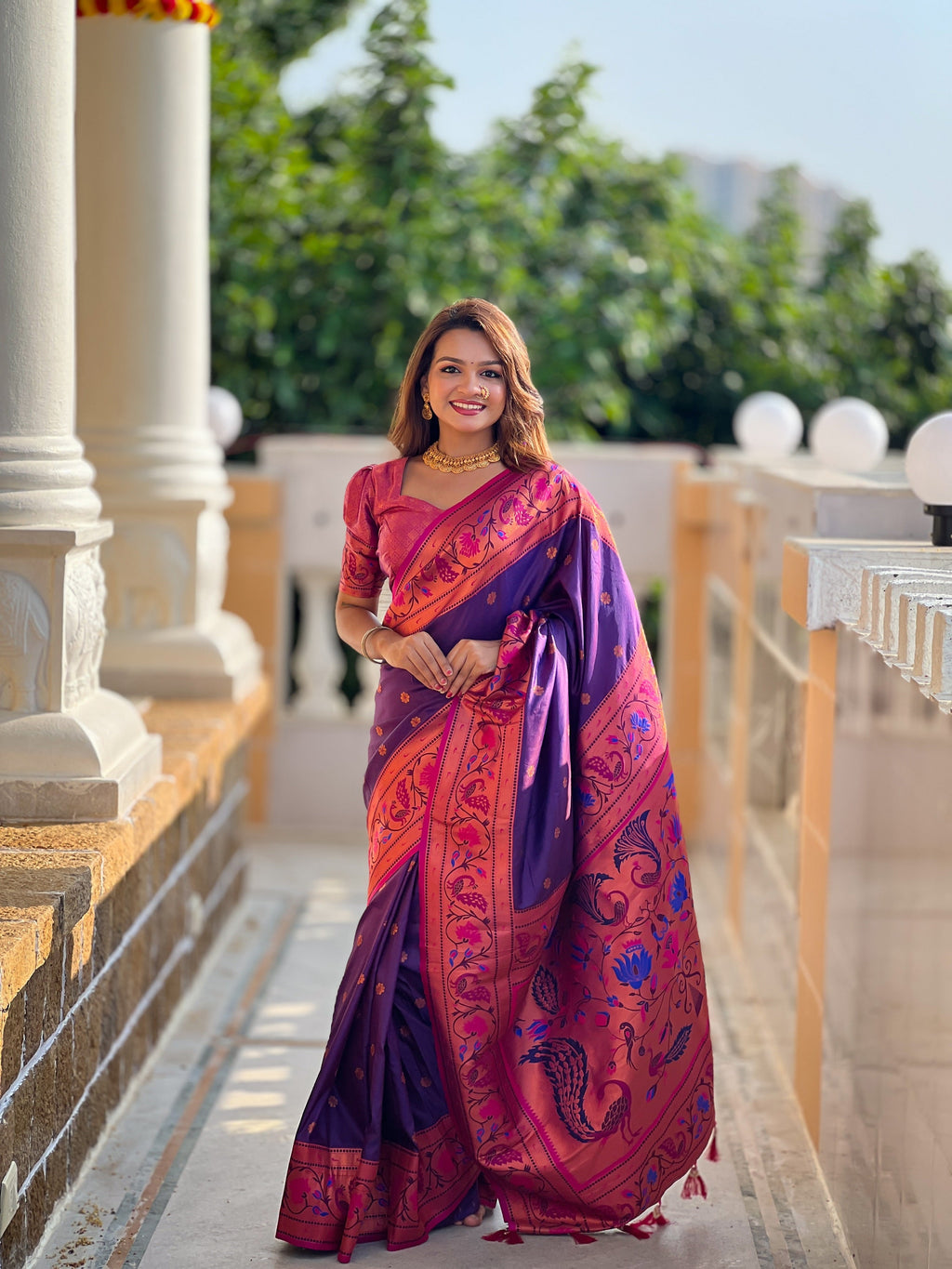 Vedant Vastram Soft Litchi Silk Paithani Jacquard Saree - Purple | Grocsy