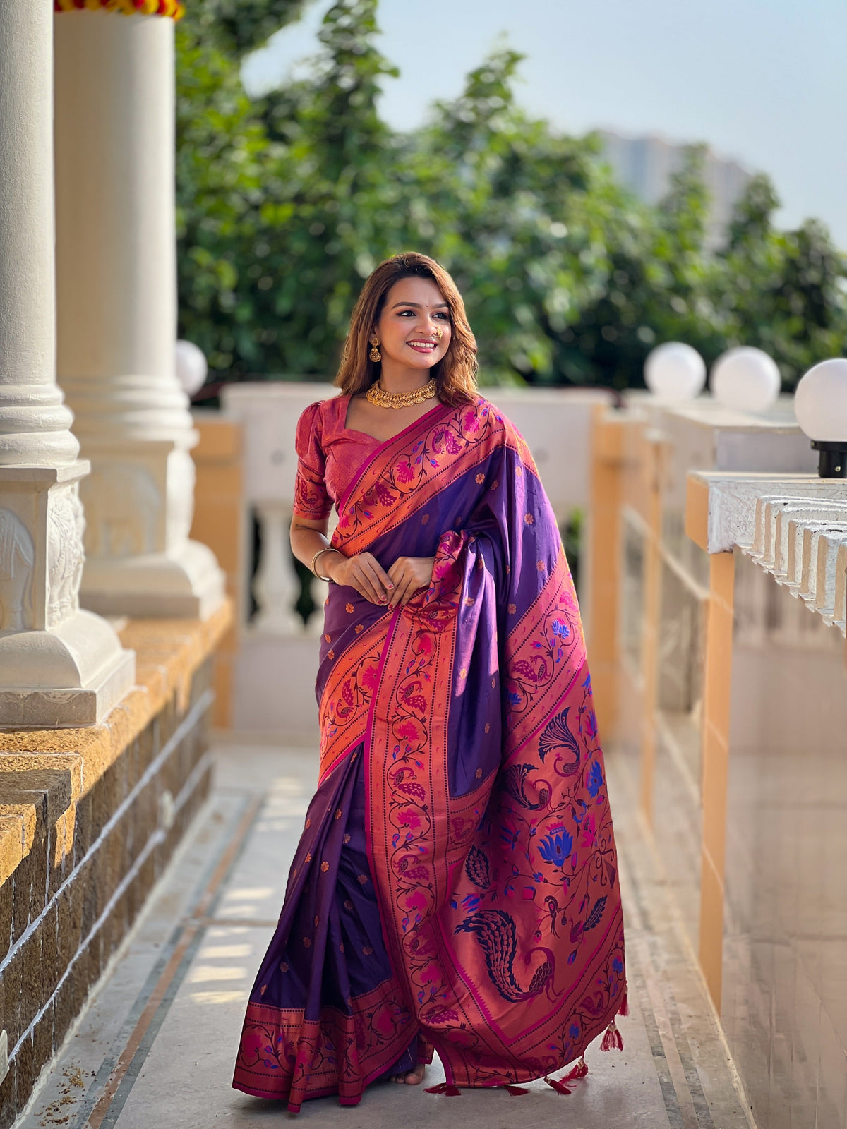 Vedant Vastram Soft Litchi Silk Paithani Jacquard Saree - Purple | Grocsy