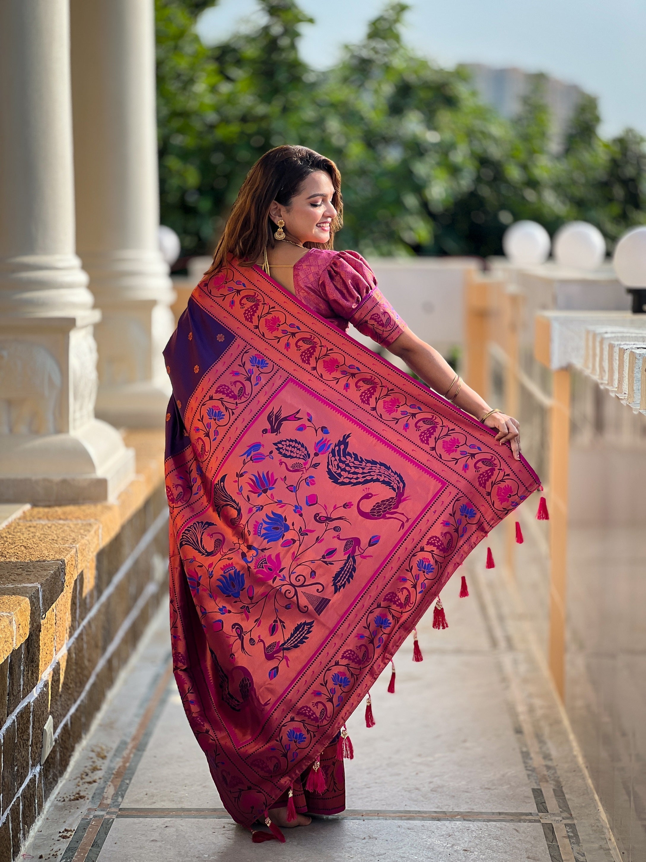 Vedant Vastram Soft Litchi Silk Paithani Jacquard Saree - Purple | Grocsy